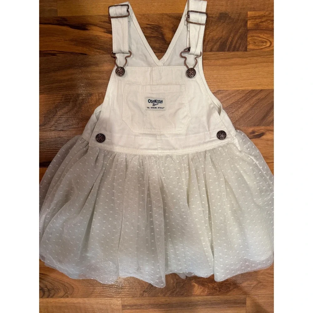 OshKosh B'gosh Overall Dress Toddler 2T White Tulle Sparkle Point Desprit